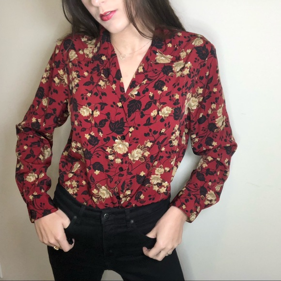 Red with Black and Tan flowers button down - Picture 1 of 6